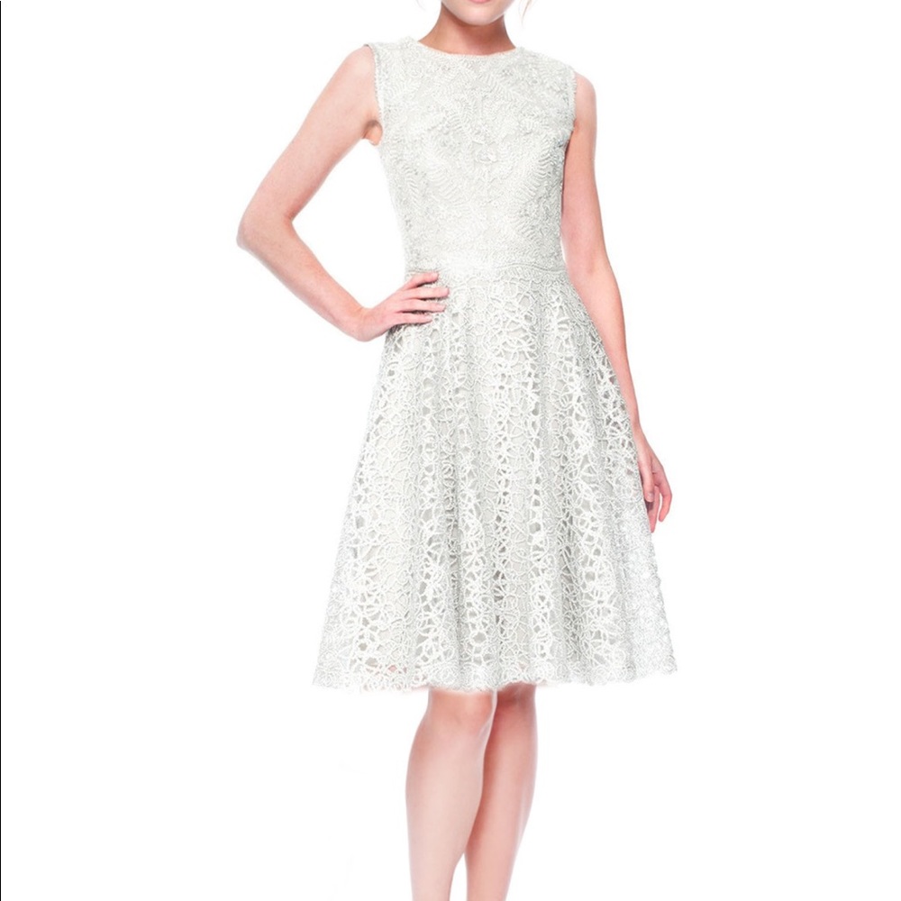 •Tadashi Shoji• Silver Metallic Lace A-Line Dress